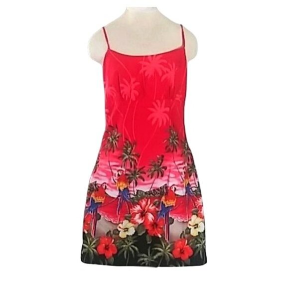 Tropical Print Red Spaghetti Strap Dress With Palm Trees & Parrots Size XL - Picture 2 of 9